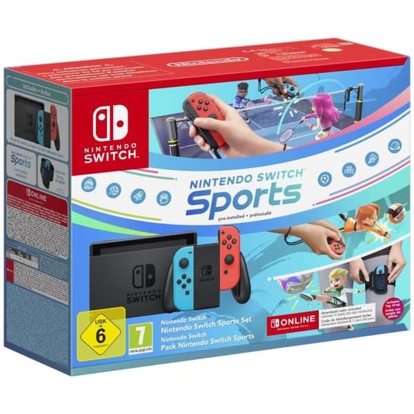 Nintendo Switch-konsol • Neonblå & Neonröd + Nintendo Switch Sports (förinstallerad) + 12 månaders NSO-prenumeration (kod)