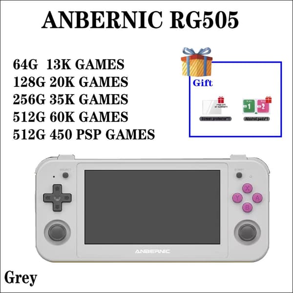 Handhållen spelkonsol, 4,95-tums OLED-skärm, upp till 60 000 spel,RG505 Grå, 256G 35K SPEL