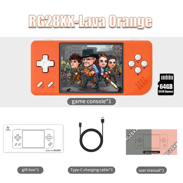Handhållen Spelkonsol, 64GB Lagring, 5516 Förinstallerade Spel,Orange 64G