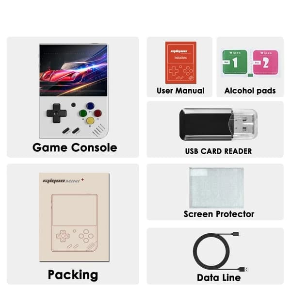 MIYOO Mini Plus Retro Handheld Spelkonsol, 3,5-tums IPS-skärm, utbyggbart lagringsutrymme upp till 128GB,Vit, Ingen kort