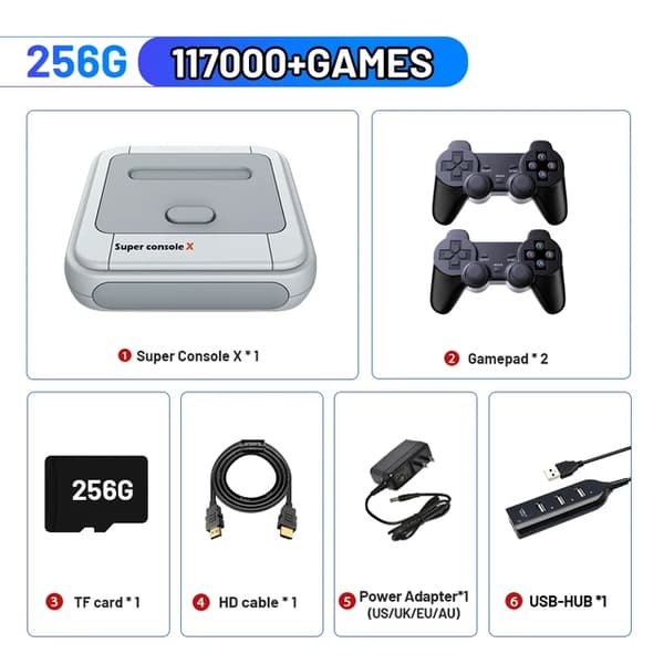 Retro spillekonsol, 100000 videospil, spilpads, 256G 117000 Spil, EU