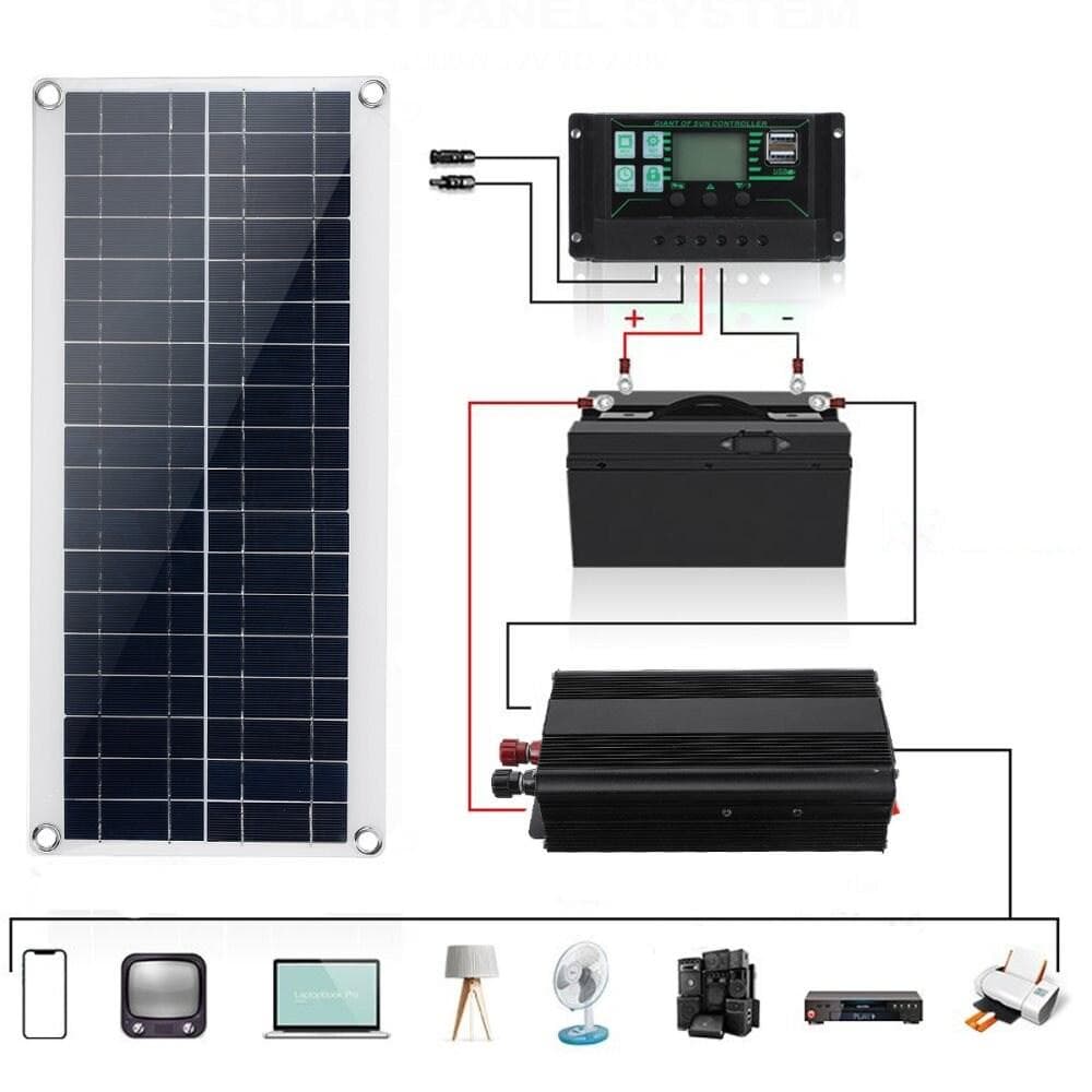Husbilssolpanelsats, 12V 30W polysilikonsolpanel, 1000W inverter och 100A solcellsladdningskontroll