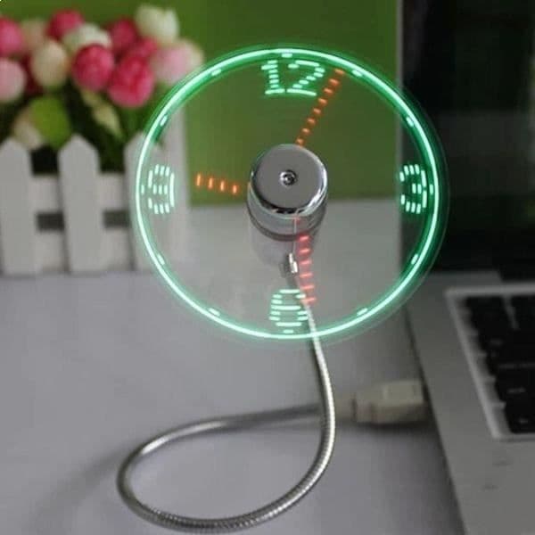 Fläkt med USB LED virtuell klocka * Längd: ca 40 cm, * Fläktdiameter: 8,8 cm * Material: metallegering