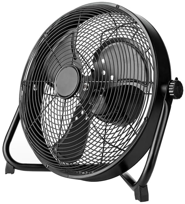NEDIS stojanový ventilátor/ průměr 30 cm/ výkon 43 W/ plynulá rychlost/ naklápěcí/ dobíjecí/ USB-A/ kovový/ černý