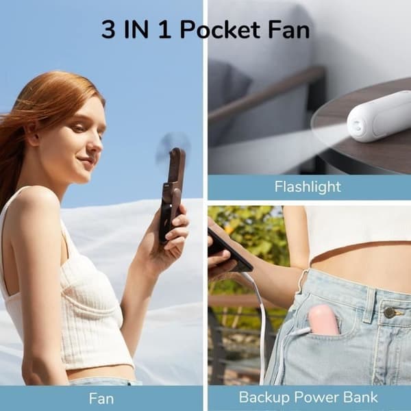 Mini bärbar handhållen fläkt 3 i 1, uppladdningsbar, batteridriven fläkt med powerbank ficklampa funktion-rosa