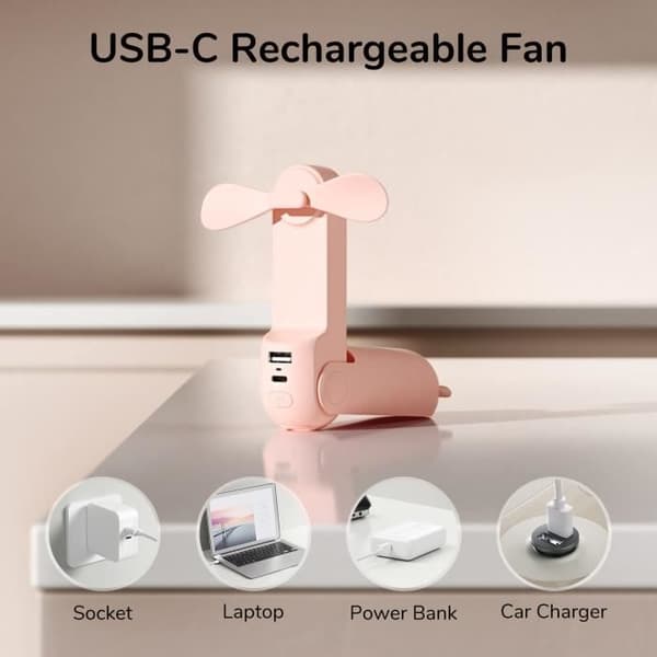 Mini bärbar handhållen fläkt 3 i 1, uppladdningsbar, batteridriven fläkt med powerbank ficklampa funktion-rosa