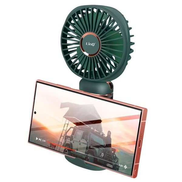 Mini Bärbar Fläkt Justerbar 90° LED Display Rund Design LinQ Mörkgrön