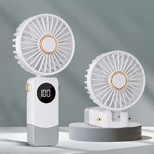USB uppladdningsbar mini bärbar fläkt, LED-skärm, 5 hastigheter, vit