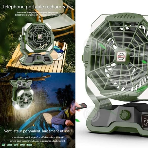 INN Utomhusfläkt med fjärrkontroll och LED-ljus kan ladda enheter multifunktionell bärbar campingfläkt