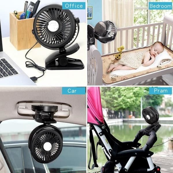 Liten clip-on fläkt 3 justerbara hastigheter Elektrisk fläkt Batteridriven USB uppladdningsbar 360 rotationsvagn, camping