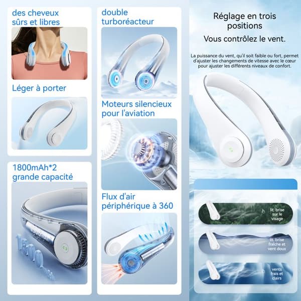 Bärbar fläkt - TD® - Mini hängande fläkt - 3 hastigheter - Batteri 1800mAh - Tyst 30 dB