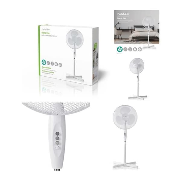 Piedestalfläkt DIAM 40cm 3 Hastigheter Oscillation 45 W Justerbar höjd Vit- USED