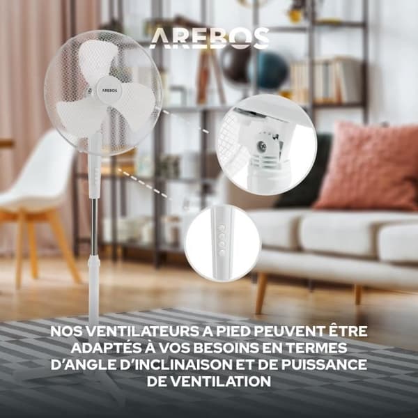 AREBOS Piedestal fläkt | 45 watt | 80° sving | 3 hastighetsnivåer | höjdjusterbar upp till 122 cm |tyst |Vit- USED