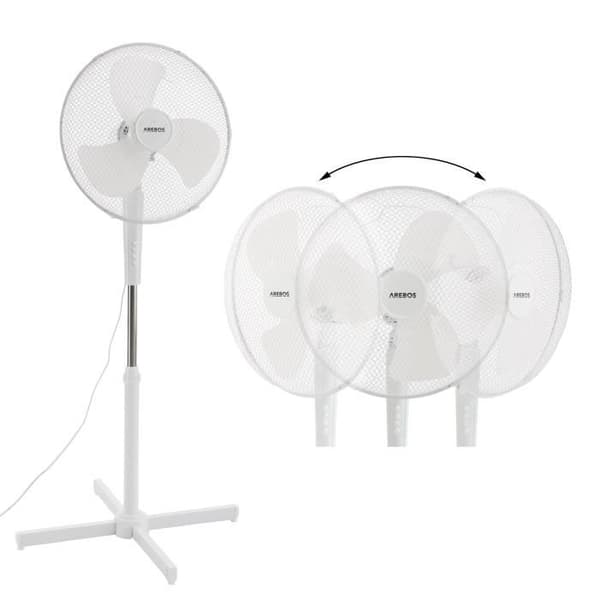 AREBOS Piedestal fläkt | 45 watt | 80° sving | 3 hastighetsnivåer | höjdjusterbar upp till 122 cm |tyst |Vit- USED
