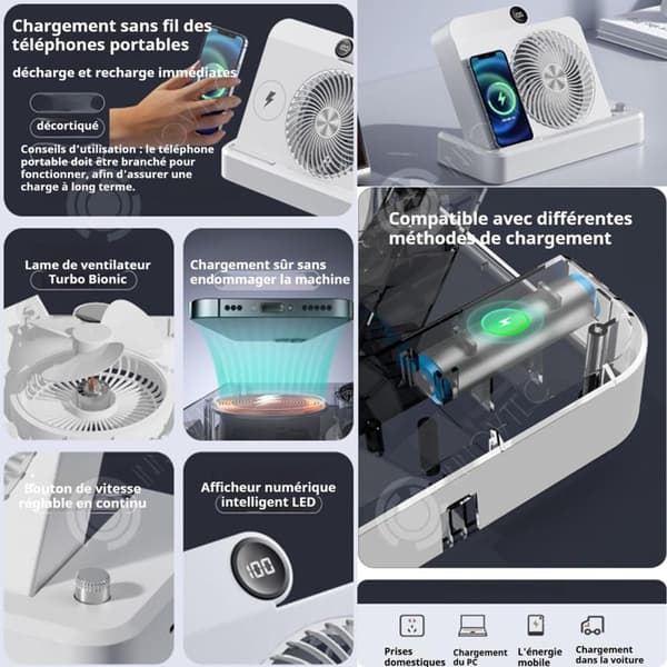 INN Ventilator 2 i 1 2400mAH 188x165x45mm kan användas för trådlös laddning av mobiltelefoner med digital visning.