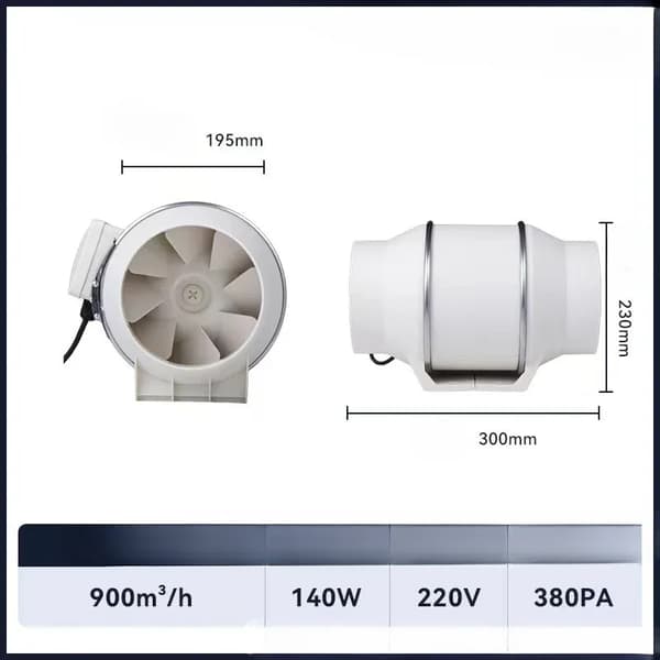 Kanavapuhallin, 220V, 35W - 140W Teho, 150PA - 380PA Paine,8 tuumaa, EU