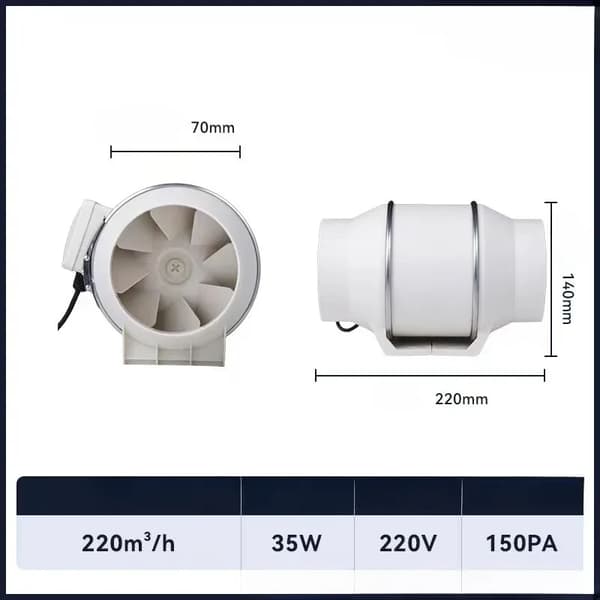 Duct Udsugningsventilator, 220V, 35W til 140W Effekt, 150PA til 380PA Tryk,3 tommer, EU