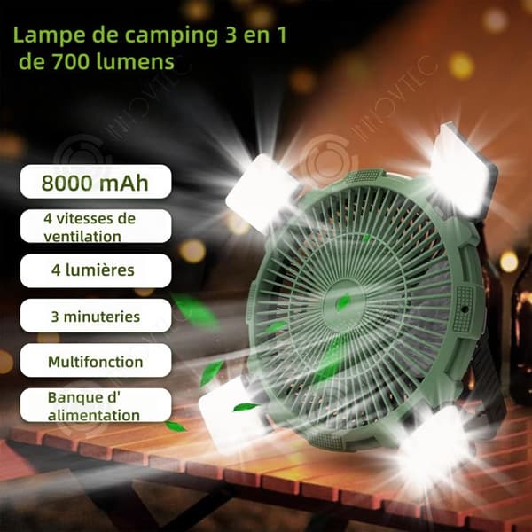 INN Campingfläkt 3 i 1 8000mah 4 vindhastigheter 700lm med belysning kan hängas upp fjärrkontroll USB-laddning