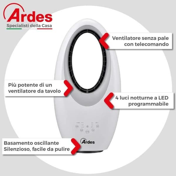 Bladlös fläkt - Ardes - AR5BL1 Muna - Fjärrkontroll - LED nattljus - Timer