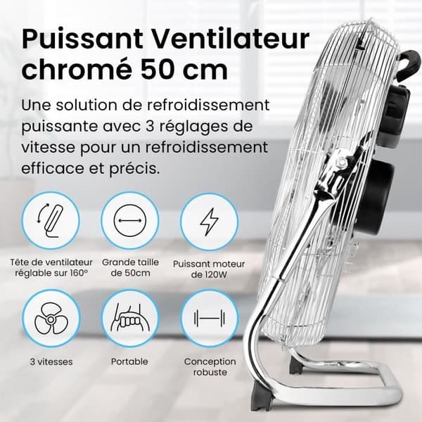 Chrome Pro Breeze 50 cm golvfläkt - gym/verkstad/garagestil - med 3 hastigheter och justerbart fläkthuvud
