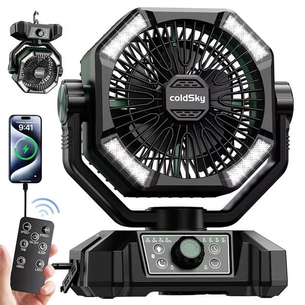 Bærbar Campingventilator med LED-lys – 8 hastigheder, 20000mAh batteri & fjernbetjening