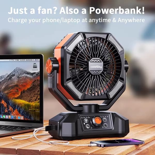 Bærbar Campingventilator med LED-lys – 8 hastigheder, 20000mAh batteri & fjernbetjening