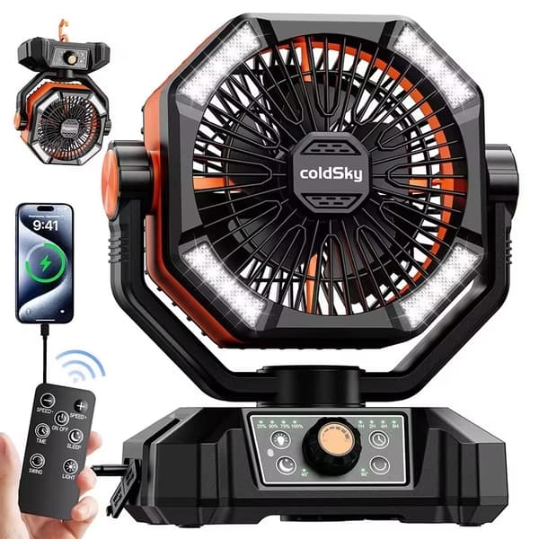 Bærbar Campingventilator med LED-lys – 8 hastigheder, 20000mAh batteri & fjernbetjening