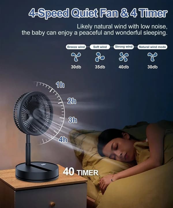 Sammenklappelig & Genopladelig Ventilator – 23 cm, 100 cm højde, 7200 mAh batteri & fjernbetjening