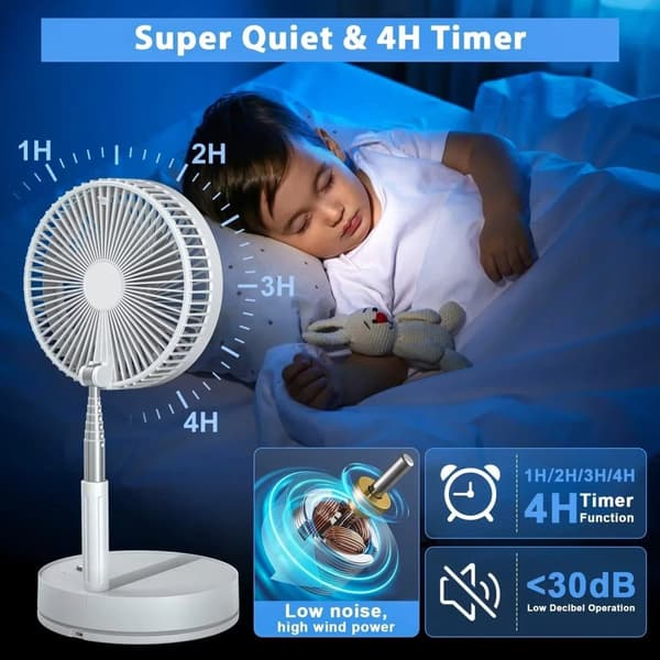 Sammenklappelig & Genopladelig Ventilator – 23 cm, 100 cm højde, 7200 mAh batteri & fjernbetjening