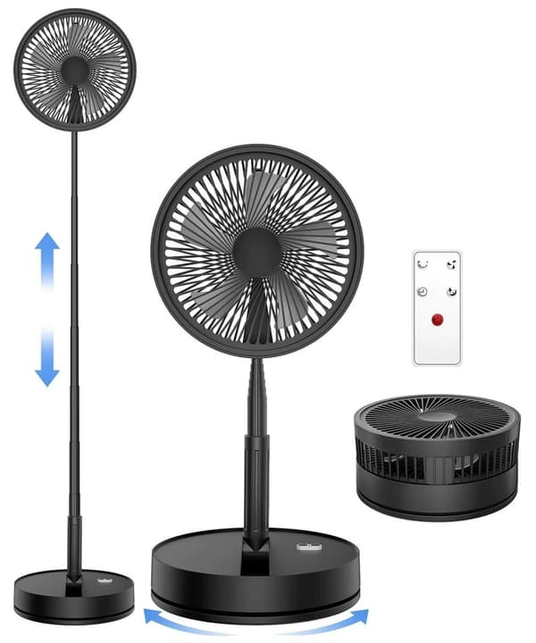 Sammenklappelig & Genopladelig Ventilator – 23 cm, 100 cm højde, 7200 mAh batteri & fjernbetjening