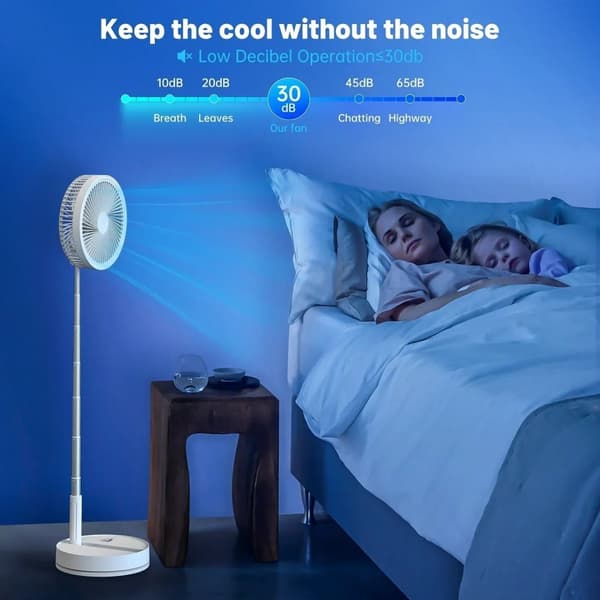 Sammenklappelig & Genopladelig Ventilator – 23 cm, 100 cm højde, 7200 mAh batteri & fjernbetjening