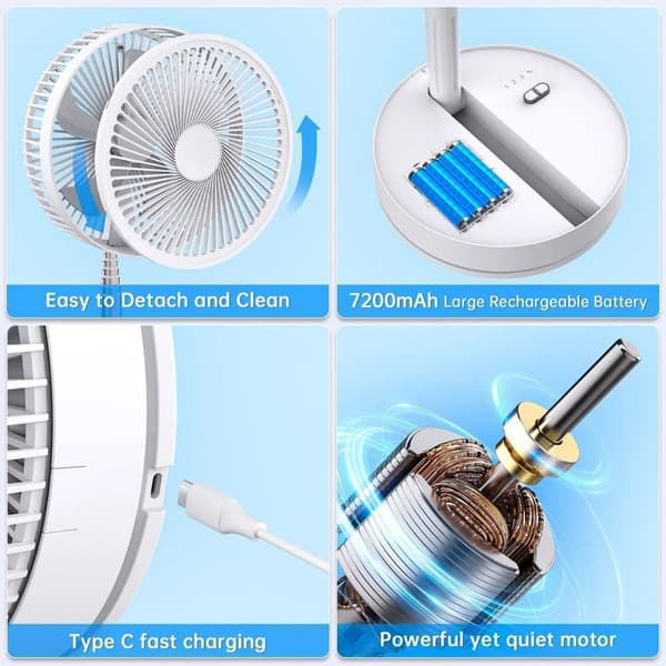 Sammenklappelig & Genopladelig Ventilator – 23 cm, 100 cm højde, 7200 mAh batteri & fjernbetjening