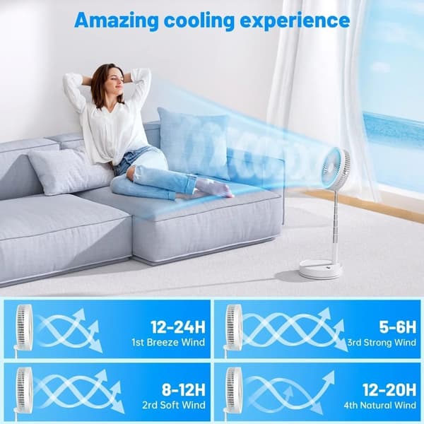 Sammenklappelig & Genopladelig Ventilator – 23 cm, 100 cm højde, 7200 mAh batteri & fjernbetjening