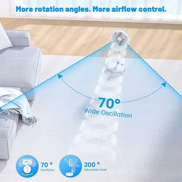 Sammenklappelig & Genopladelig Ventilator – 23 cm, 100 cm højde, 7200 mAh batteri & fjernbetjening