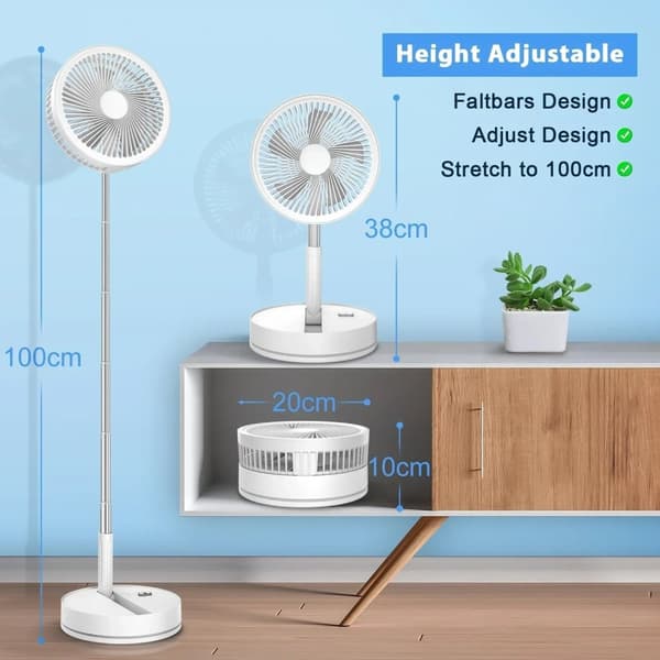 Sammenklappelig & Genopladelig Ventilator – 23 cm, 100 cm højde, 7200 mAh batteri & fjernbetjening