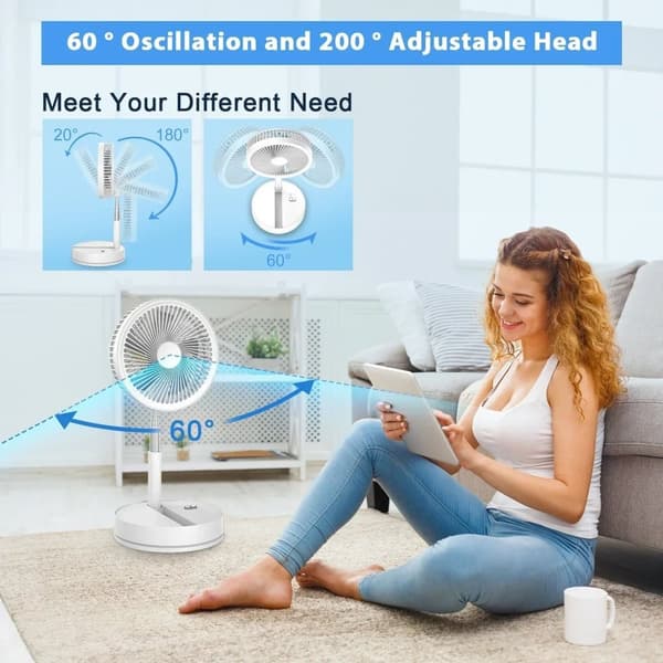Sammenklappelig & Genopladelig Ventilator – 23 cm, 100 cm højde, 7200 mAh batteri & fjernbetjening