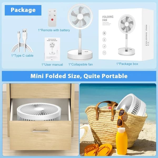 Sammenklappelig & Genopladelig Ventilator – 23 cm, 100 cm højde, 7200 mAh batteri & fjernbetjening