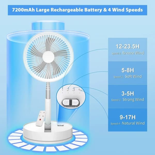 Sammenklappelig & Genopladelig Ventilator – 23 cm, 100 cm højde, 7200 mAh batteri & fjernbetjening