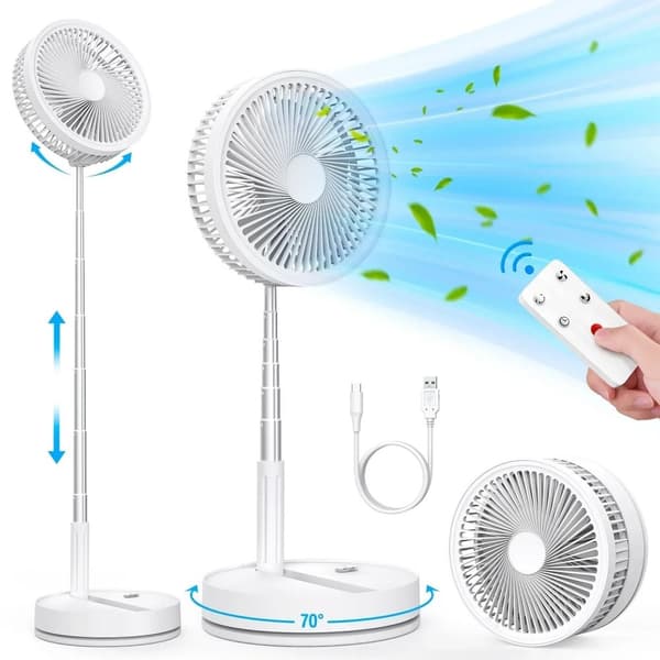Sammenklappelig & Genopladelig Ventilator – 23 cm, 100 cm højde, 7200 mAh batteri & fjernbetjening hvid