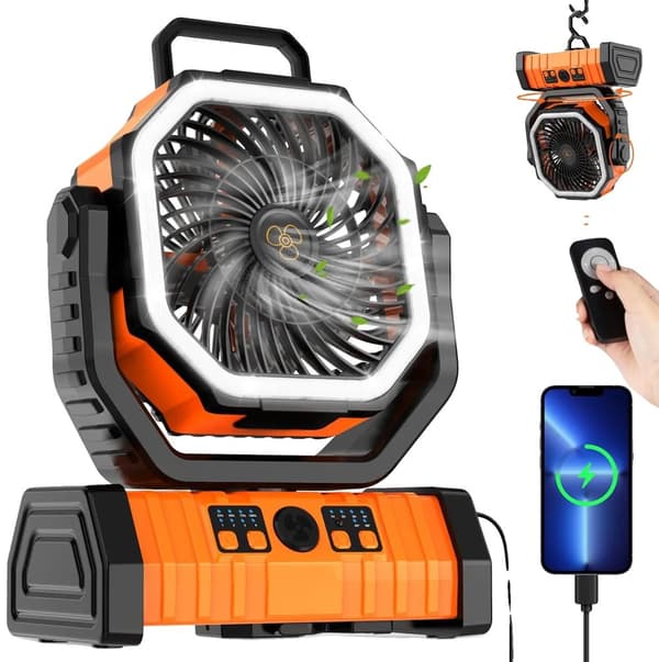 Uppladdningsbar Campingfläkt, 20000mAh Batteri, 4 Hastighetsinställningar,Orange