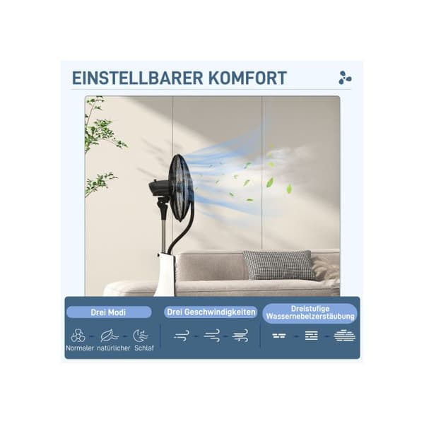 HOMCOM Golvfläkt med vattendimmafunktion 90W, 3L tank, 3 hastigheter, oscillernande, med fjärrkontroll, svart