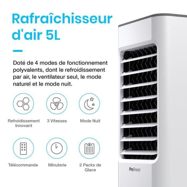 Pro Breeze Portable Air Cooler 5L - 3-växlad fläkt, LED-panel, fjärrkontroll - Evaporative Cooler