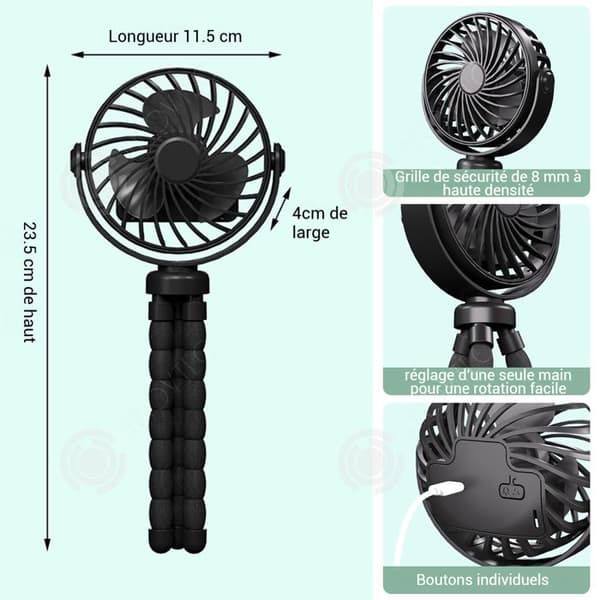 INN Fläkt 11,5 x 23,5 cm 3 hastigheter ventilation 360 graders rotation justerbart stativ med stämningsbelysning borstlös motor