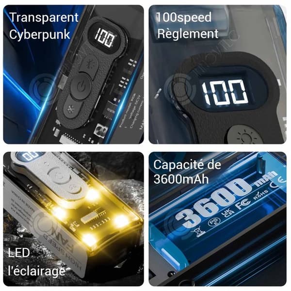 INN Fläkt 6 x 5,8 x 17 cm 3600 mah transparent utseende tec kylteknologi 100 hastigheter integrerad LED-belysning