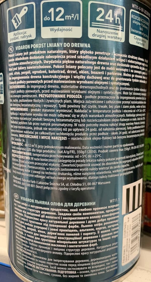 Pellavaöljy puunsuojaukseen, väritön, 1l