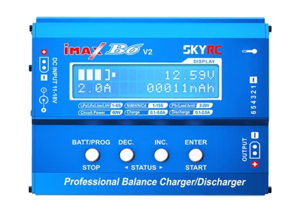 SkyRC SK-100161, Lithium jern fosfat (LiFePO4), Lithium polymer (LiPo), Lithium-Ion (Li-Ion), Nikkel-Cadmium..., Overophedning Sininen, Valkoinen