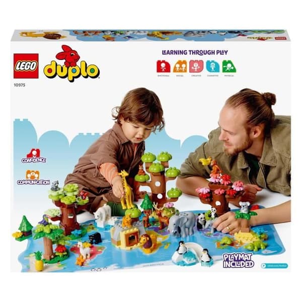 LEGO® 10975 DUPLO Världens vilda djur, pedagogisk leksak från 2 år, 22 lejon, rådjur, alpacka minifigurer, med lekmatta