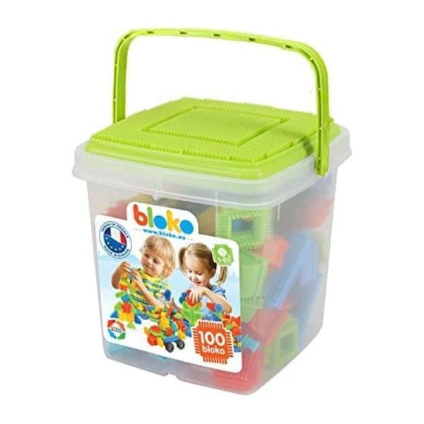 Bygg- och monteringsspel - BLOKO - Green Storage Barrel + 100 Bloko + 1 Game plate - Från 12 månader