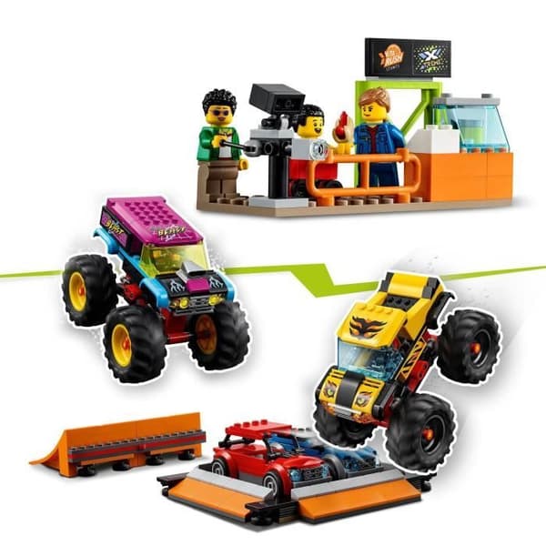 LEGO® 60295 City Stuntz Stunt Show Arena, 2 monstertruckar och leksaksbilar, Pull-Down Motorcykel, Circle