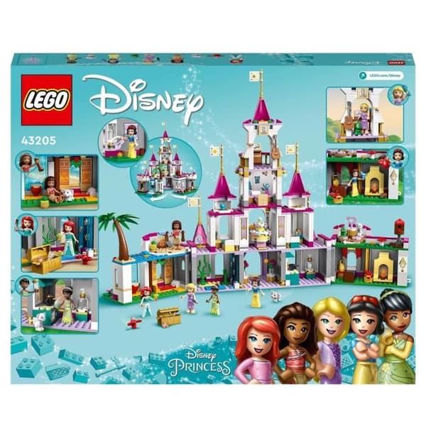 LEGO 43205 Disney Princess Epic Adventures in the Castle, Ariel, Moana och Rapunzel Leksak, Djurfigurer, Barn från 6 år